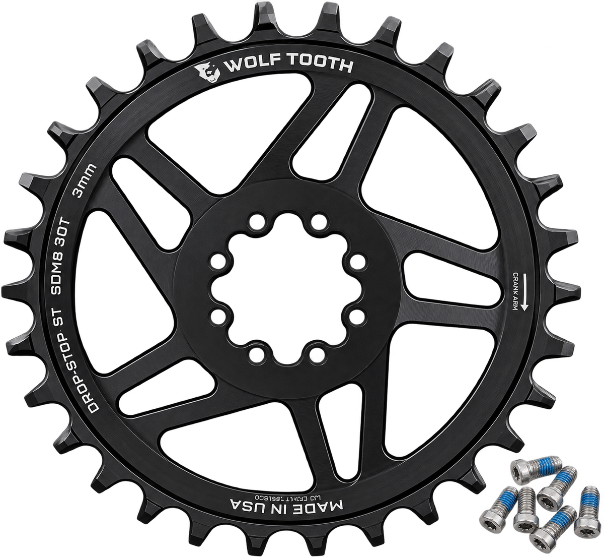 Wolf Tooth Drop-Stop ST Chainring – SRAM 8-Bolt, 30T, 3mm Offset