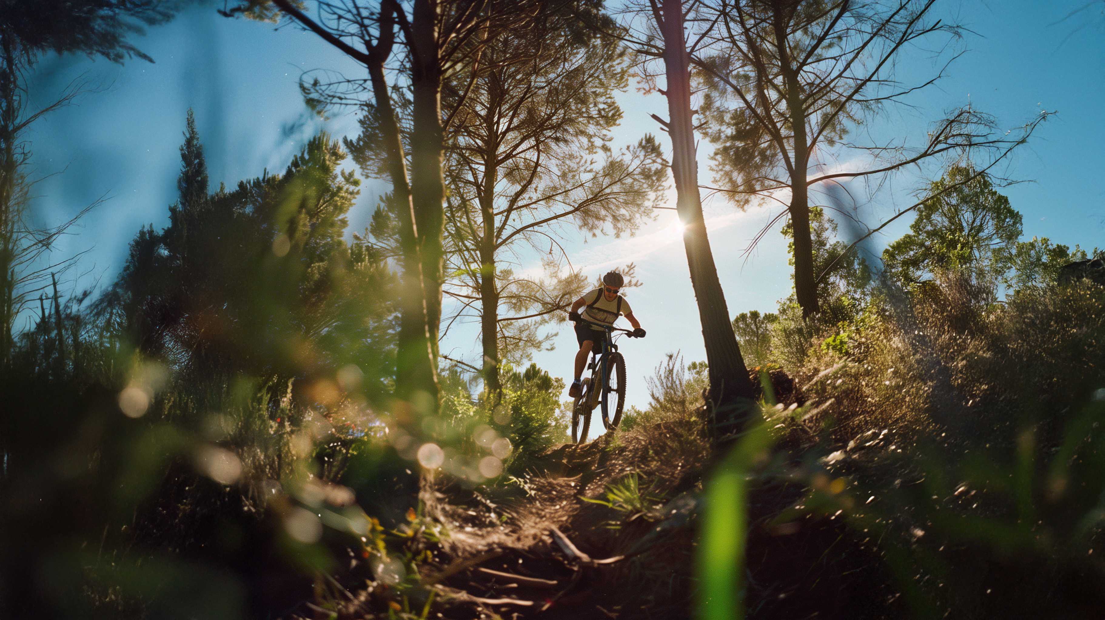 Low angle shot of a man riding down a mountain trail on a bike